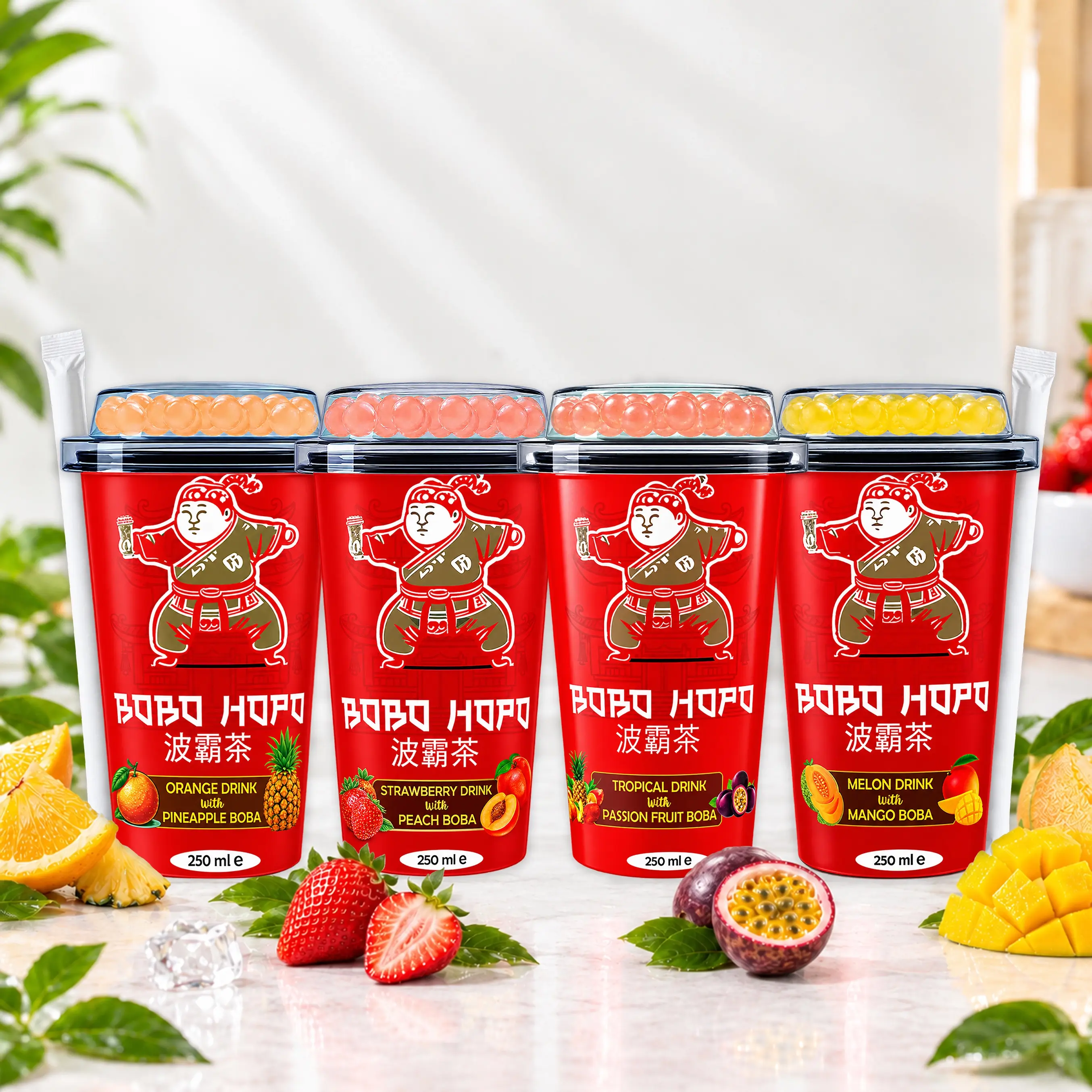 Four BOBO HOPO 250ml bubble tea cups featuring orange pineapple, strawberry peach, tropical passion fruit, and melon mango flavours with popping boba.